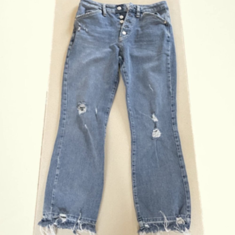 Free People Straight Jeans with raw, frayed hem and multiple buttons
